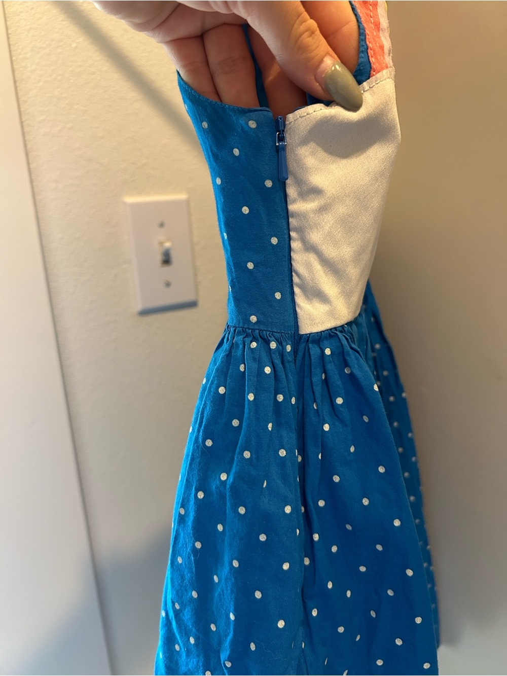Mini Boden Kids' Dot Print Embellished Cutout Cotton Dress in Blue with Rainbow - Picture 6 of 8
